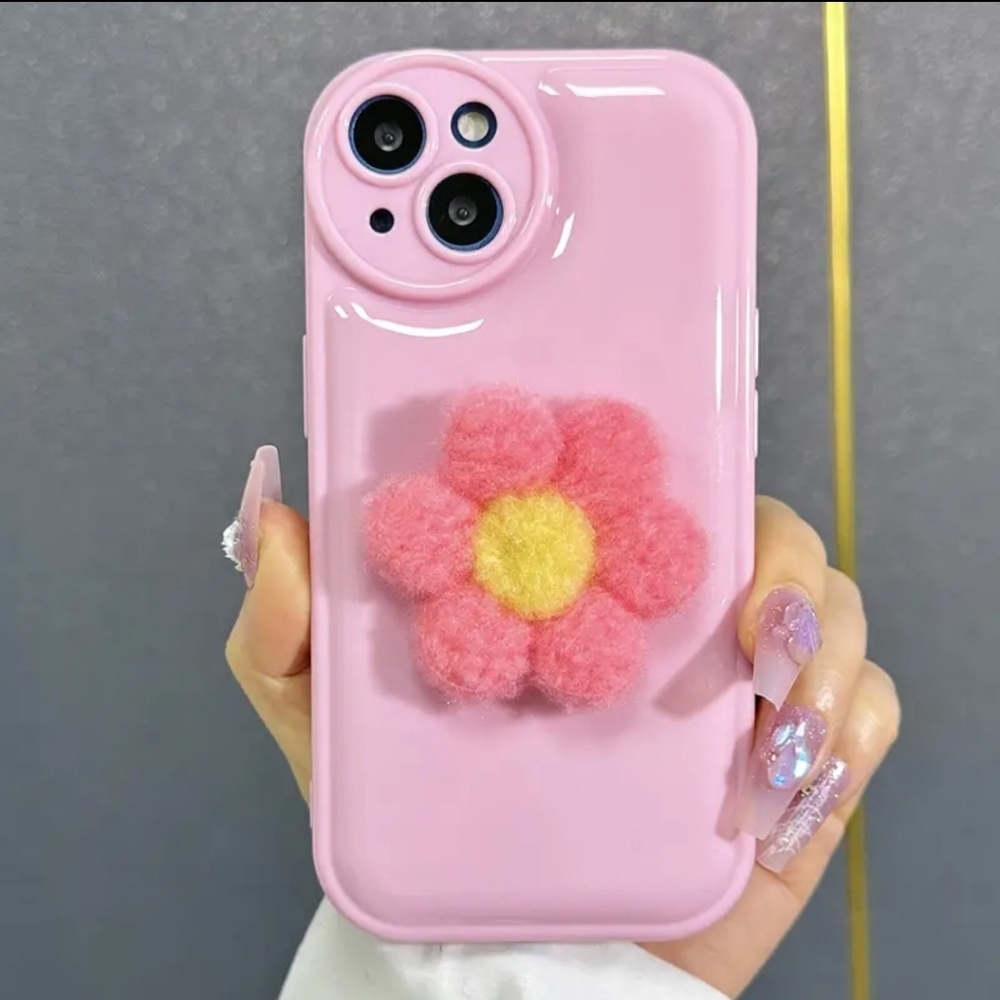 iPhone 14 Pink Flower Phone Case with Fuzzy 3d Flower